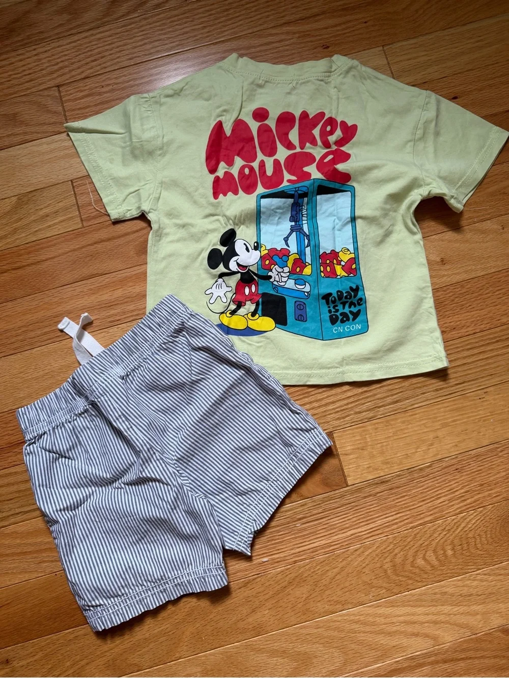 Simple Light Green Mickey Mouse Tee & Blue Stripe Shorts Set
